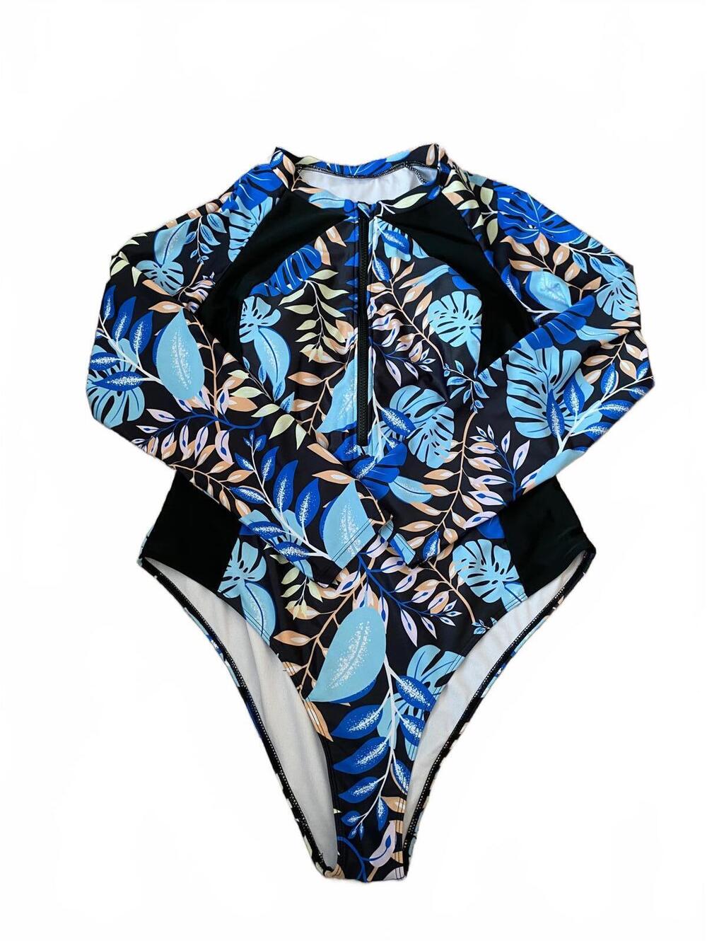 High Cut Blue and Black Botanical Zip Front Long Sleeve One Piece Rashguard 4XL